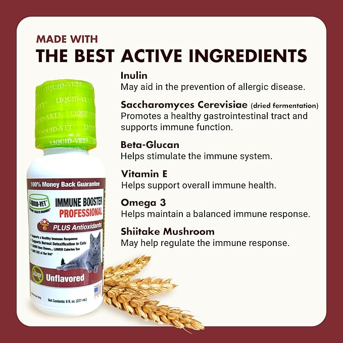 LIQUID-VET Immune Support for Cats – Daily Formula with Inulin, Beta-Glucan, Vitamin E, Omega-3s, Fermented Yeast & More! - Made for Picky Eaters