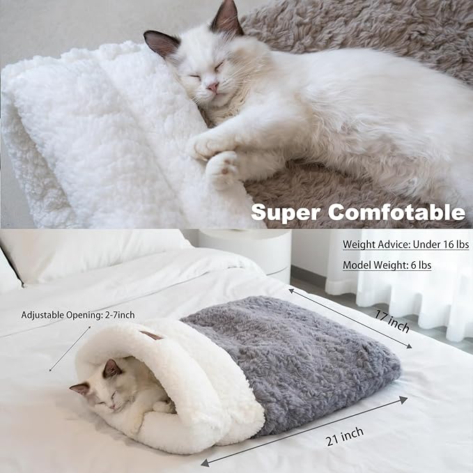 Cat Cave 4 in 1 Cat Sleeping Bag Cute Self Warming Cat Bed Cave with Plush Portable Snuggle Sack/Hideway for Indoor Cats & Small Pets Grey 21×17 Inch