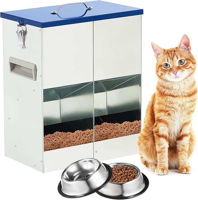 Qinyoung Automatic Feeder for 2 Cats Outdoor Galvanized 42cups/10l Double Feeder with 2 Stainless Steel Water Bowls for Small Pets Cats Dogs Outdoor Indoor Dry Food Dispenser