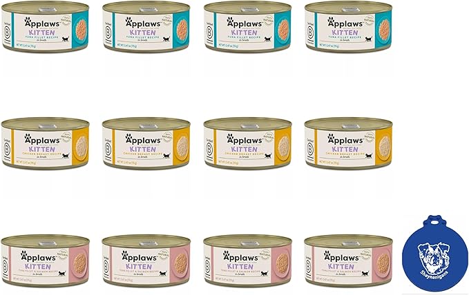 Applaws Canned Wet Kitten Food in 3 Flavors: 4 Tuna Fillet in Broth, 4 Chicken Breast in Broth and 4 Tuna with Salmon in Broth (12 Cans Total, 2.47 Ounces Each) Plus Silicone Lid