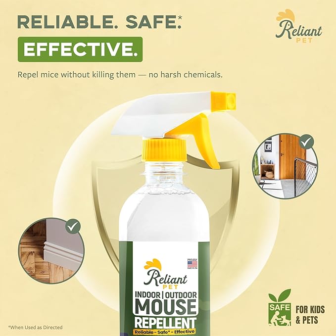 Peppermint Oil Mouse Repellent Spray 16oz - Natural Mice Deterrent for Indoor & Outdoor Use - Mouse Repellent Spray for Home, Car Engines, RV - Pet Safe Pest Control - Made in USA