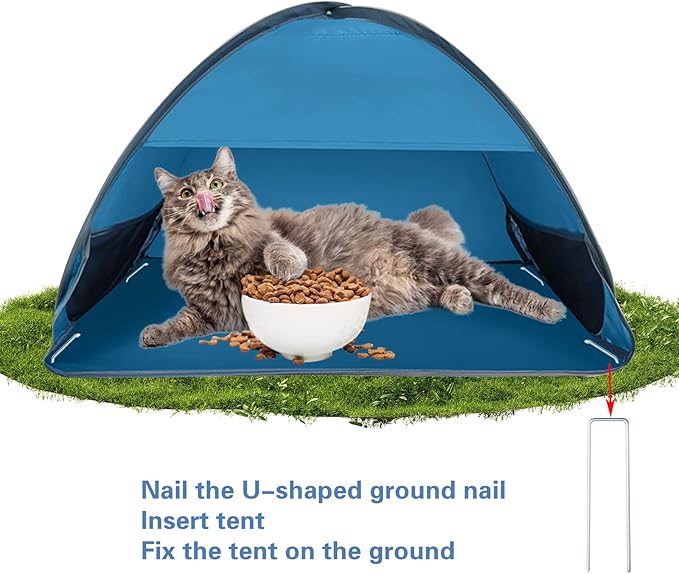 Outdoor Cat Feeding Station, 31.5 x 19.7 x 21.7 Inch Large Outdoor Pet House with Ground Nails for Fixing, Foldable Stray Cat Shelter for Feral/Community Cats, Small Dogs and Rabbits (Blue)
