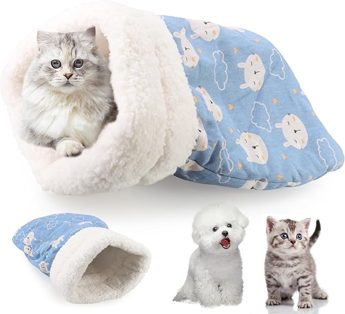 Cat Sleeping Bag Bed, Winter Soft Plush Sack Self Warming Cave Bed for Indoor Cats, 360°Wrap Comfortable Pet Snuggle Sack, Soft Plush Large - Size L (Blue)