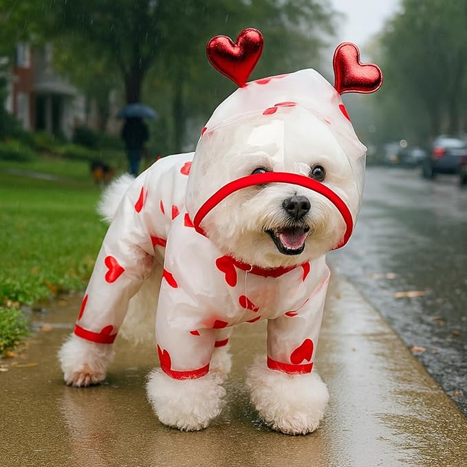 Waterproof Dog Raincoat,Full Coverage 4 Legs Dog Rain Jacket for Small Dogs,Pet Rain Coat with Hood,Reflective Strips&Leash Hole Outdoor Raincoat (Large（for Weight 8.8-11 lb）, Heart)