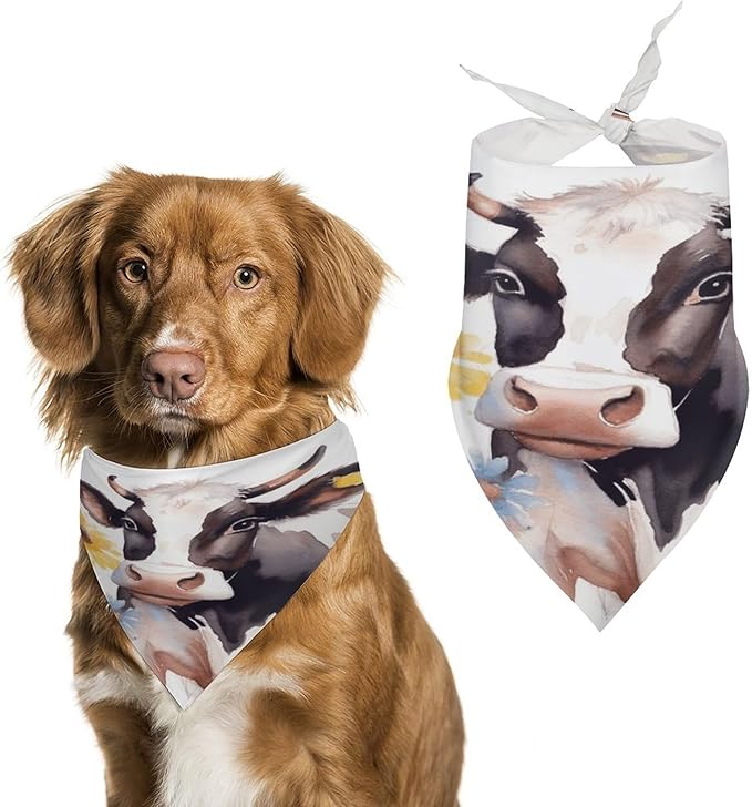 Dog Bandana Spring Pet Scarf Adjustable Triangle Watercolor Cow and Daisy Flower Printing Dog Bib Washable Polyester Puppy Bandana for Small Medium Large Dogs Cat Birthday Party Supplies