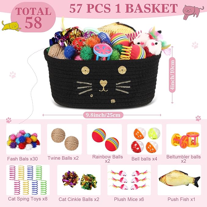 Zopeal 58 Pcs Easter Cat Storage Basket Gift Toys Set, Colorful Flashing Balls Pet Bell Crinkle Balls Spring Toys Attract Cat to Swat, Hunt, Interactive for Pet(Black,9.8 Inch)