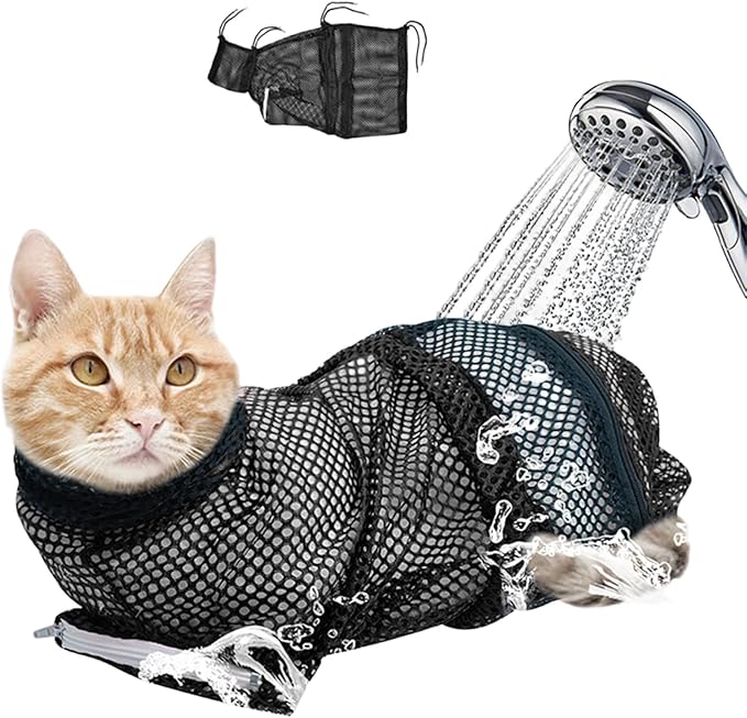 Cat Bathing Bag, Adjustable Mesh Grooming Restraint Bag for Cats, Red and Black, Stress-Free Pet Washing and Nail Trimming (Black)
