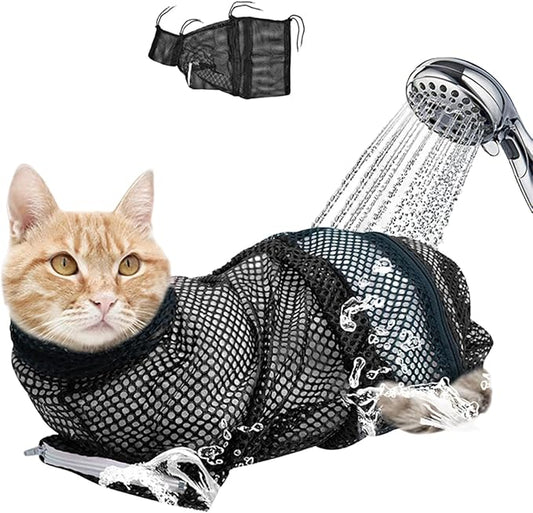 Cat Bathing Bag, Adjustable Mesh Grooming Restraint Bag for Cats, Red and Black, Stress-Free Pet Washing and Nail Trimming (Black)