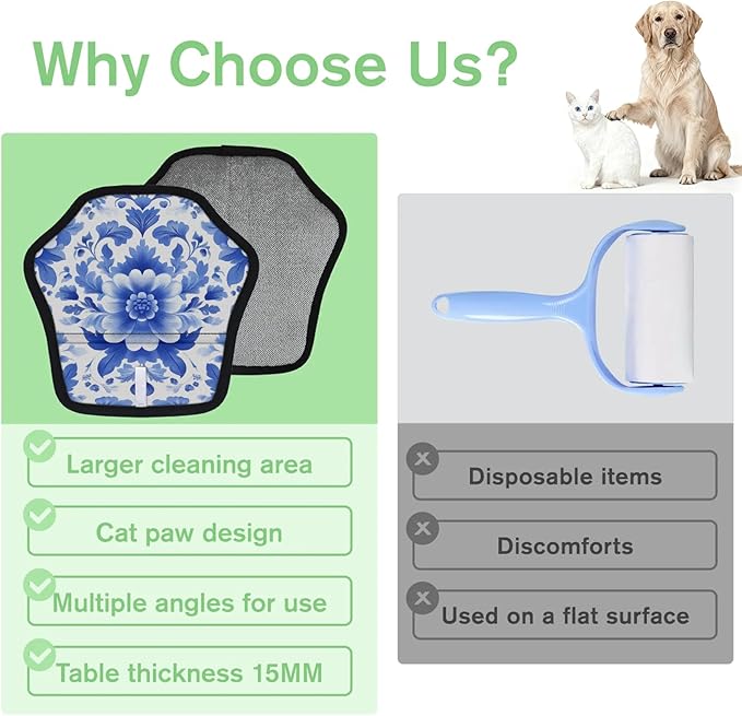 Blue Flower Pattern Electrostatic Pet Hair Removal Glove for Cats & Dogs - Reusable Grooming Mitt for Couch, Carpet, Car Seat & Laundry - Large 9x9 Inch