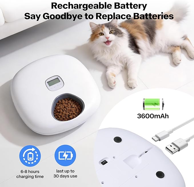 PetPrime 6-Meal Automatic Cat Feeder with Two Ice Packs,Cordless Rechargeable Cat Food Dispenser for Cats and Small Dogs Wet Food Auto Pet Feeder White