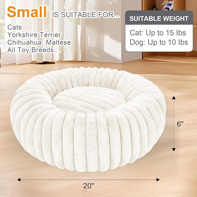 Washable Small Cat Dog Bed,Calming Anti Anxiety Round Donut Dog Bed,Cute Kitten Cat Beds for Indoor Cats,Fluffy Puppy Dogs Beds for Small Dogs, Anti-Slip Comfort Pet Bed(White, S)