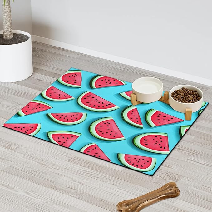 Red Watermelon Dog Food Mat for Floors Absorbent Dog Bowl Mat for Food and Water Dispenser Quick Dry Cat Food Placemat Pet Supplies 24" x 32", Summer Fruits