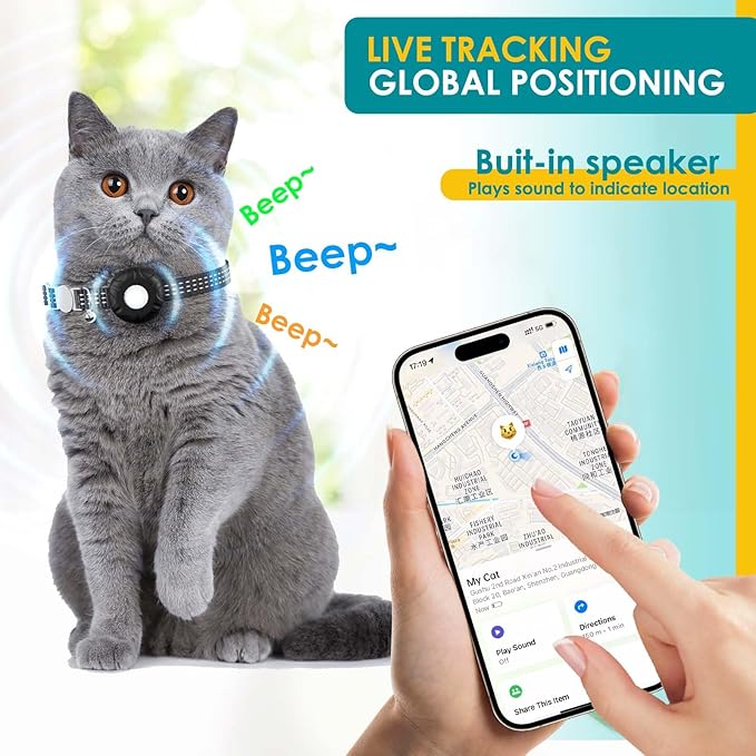 Cat Tracker, Lightweight Pet Tracker for Cats, Cat GPS Tracker Compatible with Apple Find My App(Only iOS), Real-Time Tracking, Precise Positioning, No Monthly Fee, Smart Alerts, Waterproof
