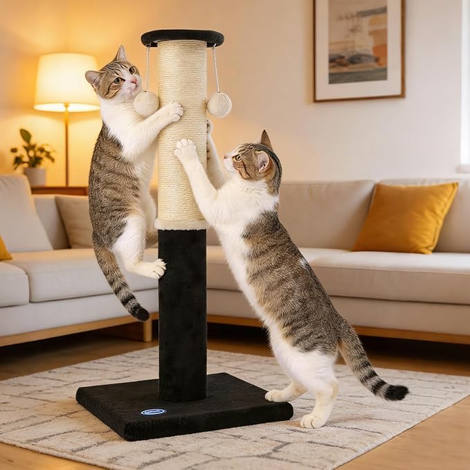 34-Inch Tall Cat Scratching Post, Komicoll Large Carpet Scratch Post, Sisal Cat Scratcher, Sturdy and Durable Cat Post with Hanging Ball for Indoor Cats