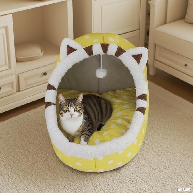 Andiker Cat Beds for Indoor Cats, Semi-Enclosed Cat Cave Bed with a Plush Ball Large Space for Cats to Sleep Soft and Comfortable Covered Cat Bed with a Washable and Detachable Mat (Yellow, L)