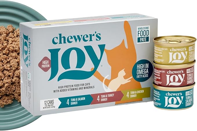 Chewer´S Joy - Wet Cat Food - Variety Pack – 3 Flavors: Tuna & Salmon, Tuna & Chicken, Tuna & Turkey – Natural Pâté – High Protein – Grain Free – Rich in omega-3s for Skin Health - 12 Cans (3 oz)
