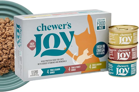 Chewer´S Joy - Wet Cat Food - Variety Pack – 3 Flavors: Tuna & Salmon, Tuna & Chicken, Tuna & Turkey – Natural Pâté – High Protein – Grain Free – Rich in omega-3s for Skin Health - 12 Cans (3 oz)