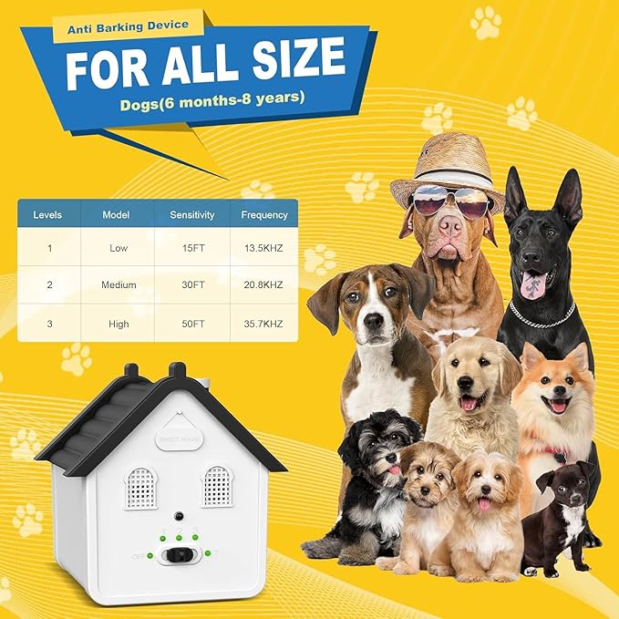 Effective Anti Barking Deterrent - 3 Adjustable Levels Bark Control Device, 50FT Waterproof Outdoor Tool for Small/Medium/Large Dogs