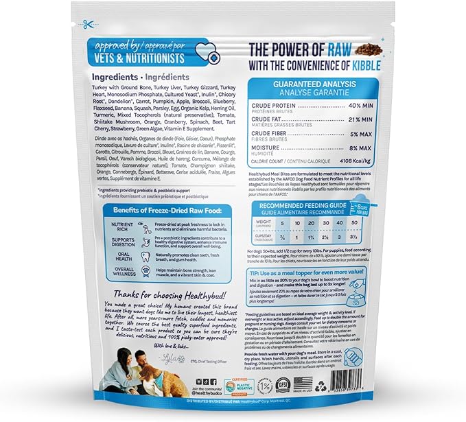 healthybud Raw Dog Food, Freeze Dried Turkey Bites, Grain Free Puppy Food, Human Grade, High Protein, Dehydrated Real Meat Dog Treats & Toppers, 14.1 oz