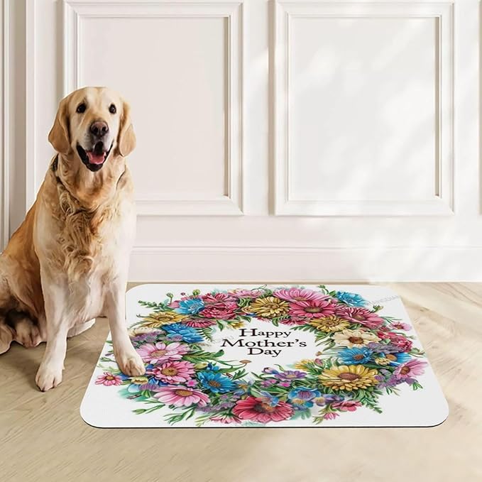 Pet Feeding Mats with Residue Collection Happy Mother's Day Floral Gift for Mom Ca Waterproof Dog Cat Bowl Mat 18X12In with Prevent Water Food Spills