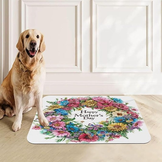 Pet Feeding Mats with Residue Collection Happy Mother's Day Floral Gift for Mom Ca Waterproof Dog Cat Bowl Mat 24x16In with Prevent Water Food Spills