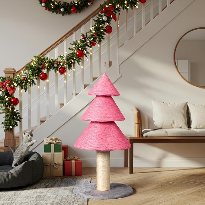 31.5in Christmas Tree Cat Scratcher, Cat Scratching Post for Indoor Cats, Large Sisal Cat Scratching Tree Cat Scratch Tower (Pink)