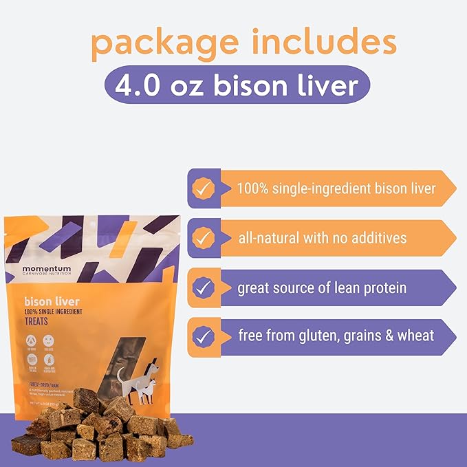 Momentum Carnivore Nutrition Freeze-Dried Bison Liver Dog Treats & Cat Treats – Single-Ingredient, High-Protein, Grain-Free, Lean Novel Protein – Made in USA – 4 oz Bag