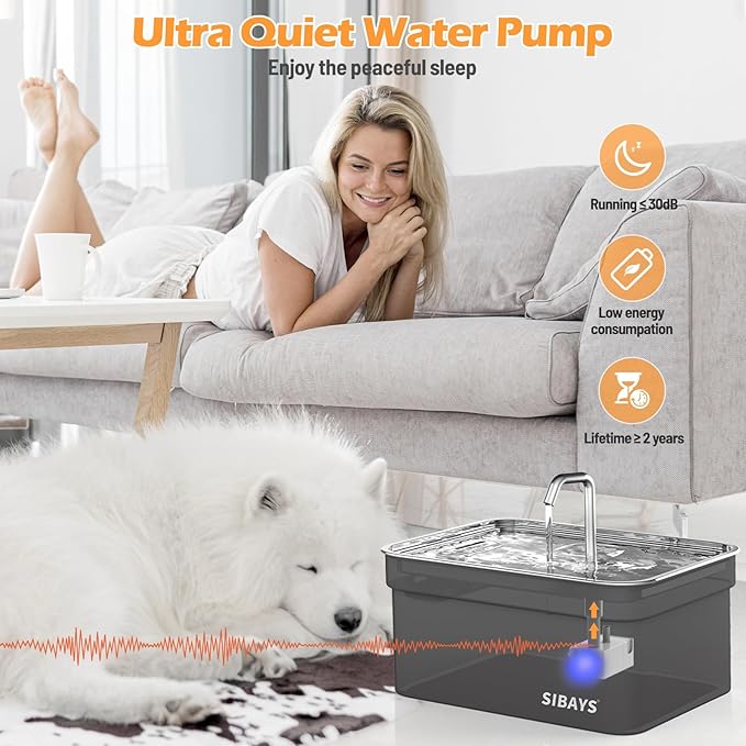 SIBAYS Dog Water Fountain for Large Dogs, 355oz/2.8Gal/10.5L Automatic Dog and Cat Water Fountain, Large Pet Fountain with Stainless Steel Bowl, Dog Water Bowl Dispenser Easy to Clean, BPA-Free FS70