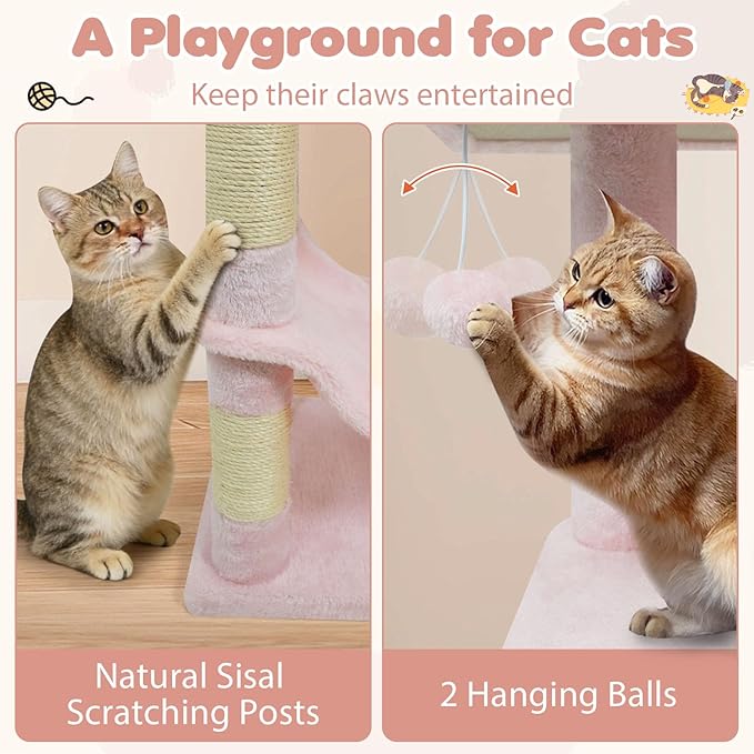 Tangkula Pink Cat Tree, 44 Inch Multi-Level Cat Tower with Sisal Scratching Posts, 2-Door Condo, Padded Top Perch & Hammock, 2 Hanging Balls, Jumping Platforms for Indoor Cats (Pink)
