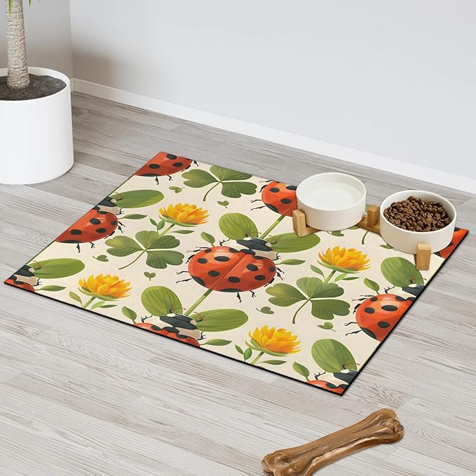 Boho Ladybird Dog Food Mat for Floors Absorbent, Quick Dry Water Dispenser Mat for Food, Water, Pet Supplies 17" x 30", Flower