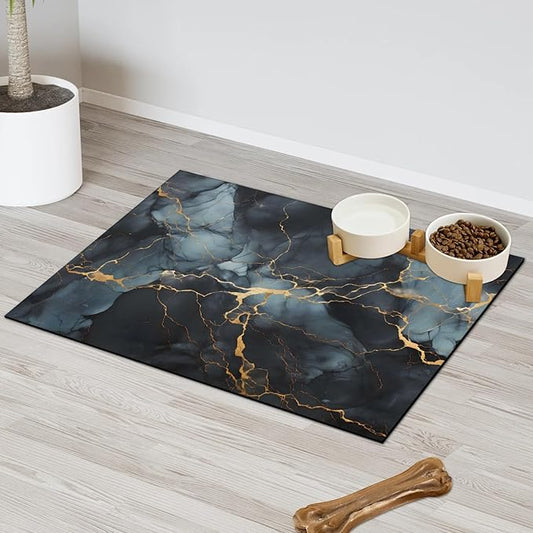 Black Marble Dog Food Mat for Floors Absorbent, Quick Dry Water Dispenser Mat for Food, Water, Pet Supplies 17" x 30", Abstract