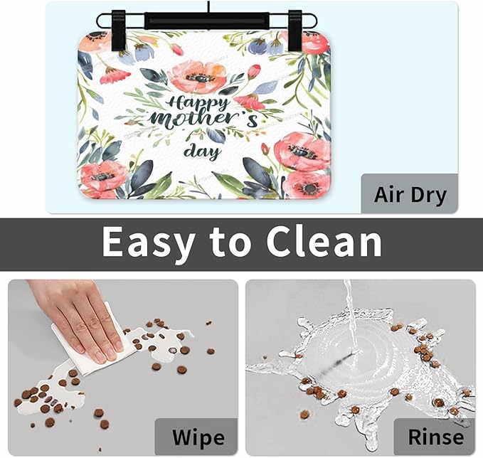 Pet Feeding Mats with Residue Collection Happy Mother's Day Floral Gift for Mom Lj Waterproof Dog Cat Bowl Mat 24x16In with Prevent Water Food Spills