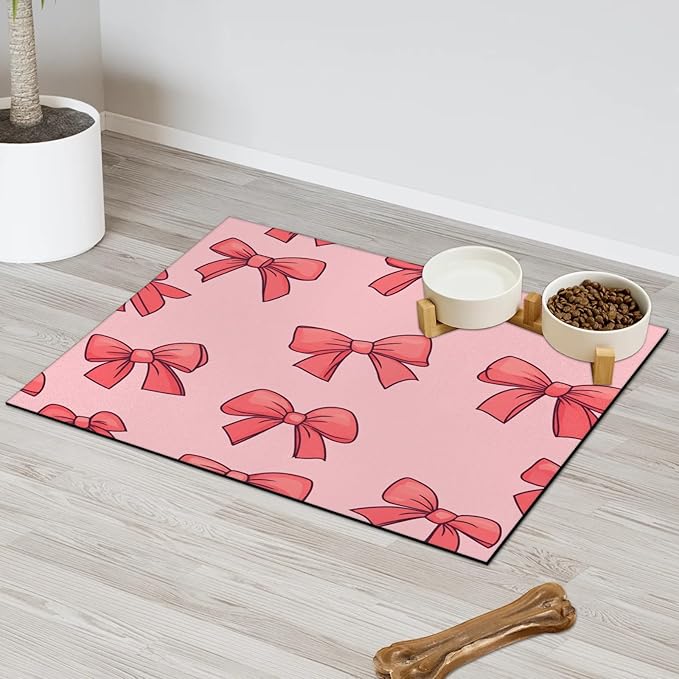 Red Bow Dog Food Mat for Floors Absorbent, Quick Dry Water Dispenser Mat for Food, Water, Pet Supplies 12" x 20", Cute Bowknot