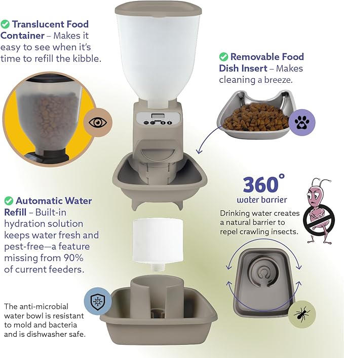 Feeding Friend® Automatic Dog & Cat Food Feeder with Water Dispenser – Smart Pet Feeder with Portion Control, OLED Display, Anti Jam Design, Battery Operated Dispenser for Small - (XS) Pets - Taupe