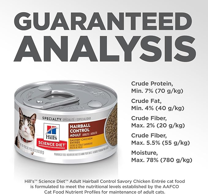 Hill's Science Diet Hairball Control, Adult 1-6, Hairball Control Support, Wet Cat Food, Chicken Minced, 2.9 oz Can, Case of 24