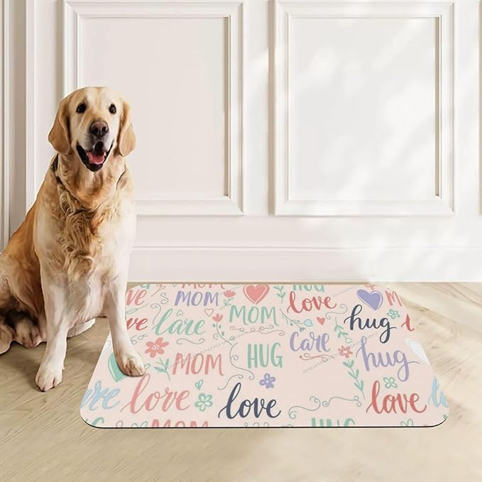 Dog Food Mats for Floors Absorbent Pet Cat Food Mat Happy Mom Hug Love Mum Non Slip Dogs Bowl Mats for Water Dog Placemats Feeding Mat Pet Supplies 24x16In