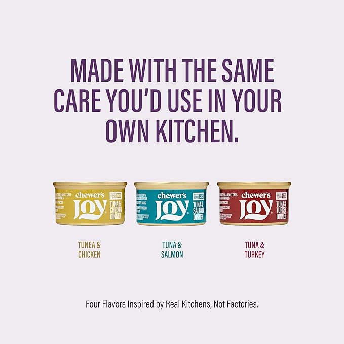 Chewer´S Joy - Wet Cat Food - Variety Pack – 3 Flavors: Tuna & Salmon, Tuna & Chicken, Tuna & Turkey – Natural Pâté – High Protein – Grain Free – Rich in omega-3s for Skin Health - 24 Cans (3 oz)