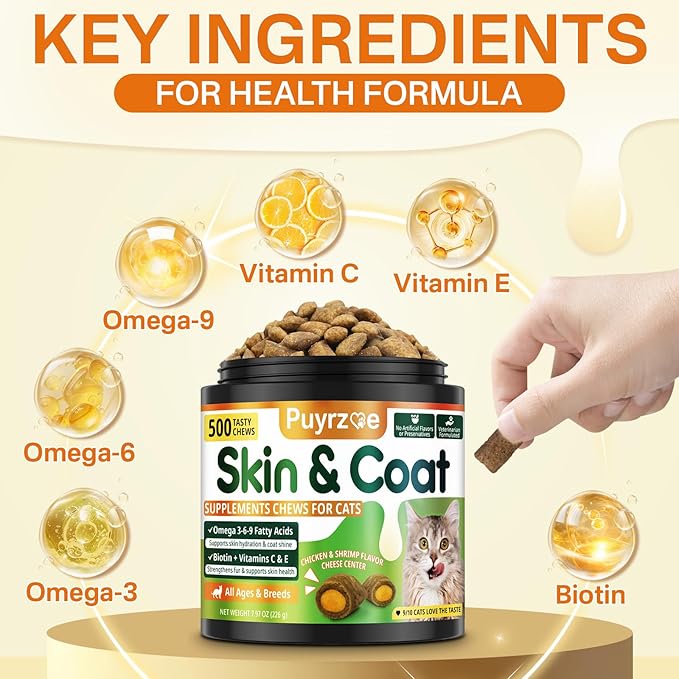 Cat Skin & Coat + Probiotics - 500 Chews Crunchy & Creamy Cheese Core with Omega-3, Vitamins C & E, Biotin for Skin Hydration - Coat Shine, Digestive & Immune Support for All Cats