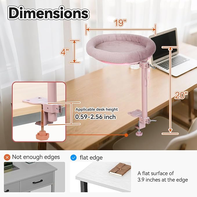 Cat Desk Bed,Steel Cat Bed for Desk,Up and Down Available,360° Rotating, Shelf Height Adjustable, Desktop Attachment Cats Nest Perch Hammock for Office Game Tables, Supports 40lb (Pink)