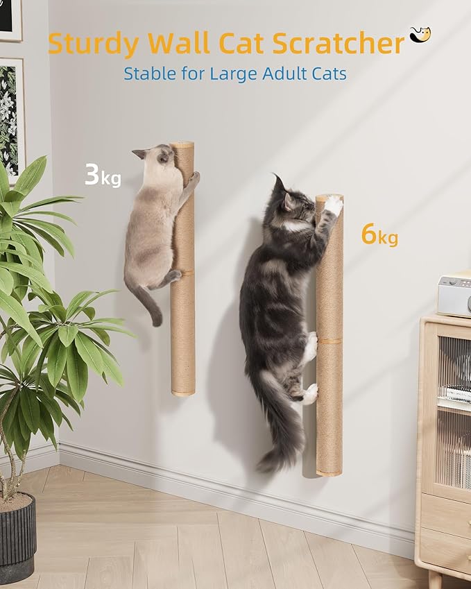 68" Wall Mounted Cat Scratcher, 2-Pcs of 34inch Tall Sisal Scratching Posts, Wall Mounted Cat Pole for Indoor Large Adult Cats Climb Stretch Play, Wooden