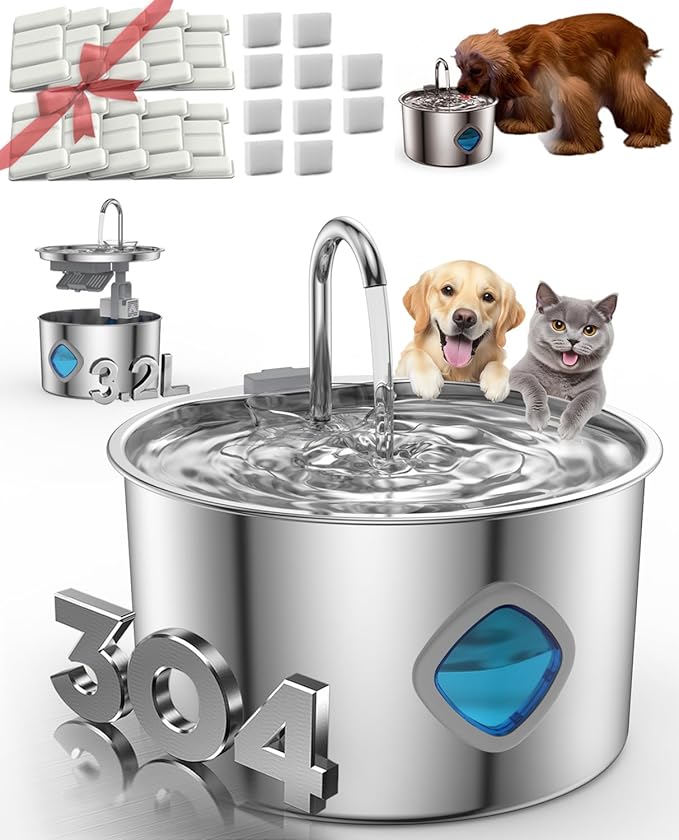 Dog Water Bowl - 3.2L Stainless Steel Dog Water Fountain, Multi-Filtration and Steady Water Circulation, Easy to Clean, Pet Water Fountain with Ultra-Quiet Pump for Dogs Cats (1Set, 10+10 Filter)