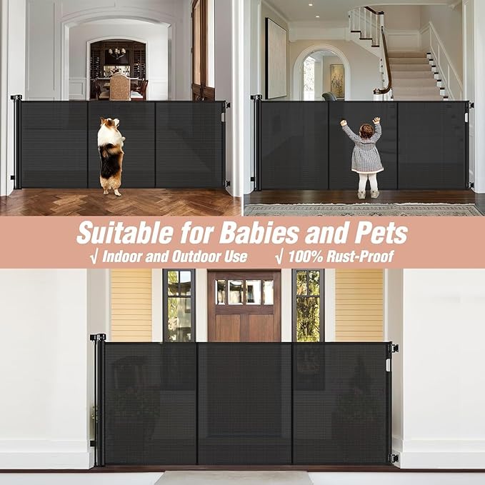 Reinforced 42" Tall x 75" Wide Retractable Baby Gate with Support Rods - Prevents Crawling Under Extra Tall Pet Gate Indoor Mesh Gate Outdoor Long Baby Gate Tall Dog Gates for Doorways, Black