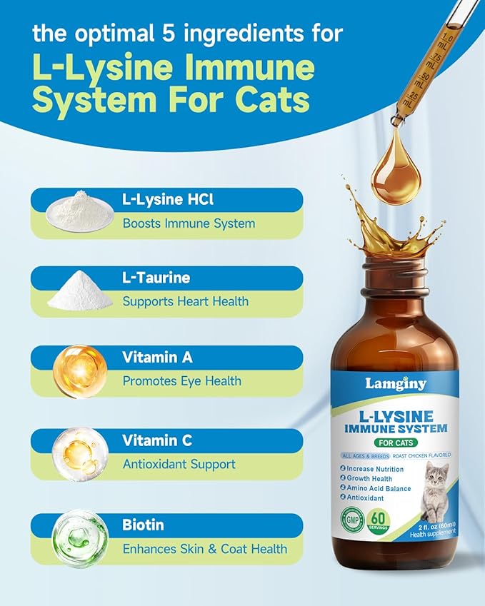 Lysine Supplement for Cat, Immune Support for Cats, with L-Lysine HCI, Niacinamide, L-Taurine, Folic Acid, Vitamins, Runny Nose, Sneezing & Allergy Relief, Respiratory Health, Eye Function Supplement