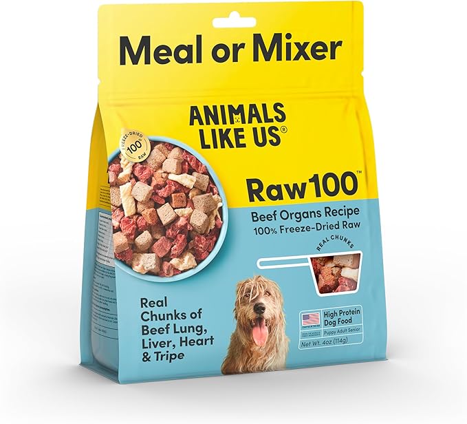 Raw100 Freeze-Dried Beef Organs Dog Food, Meal or Mixer, High Protein, Complete and Balanced, No Corn or Wheat, 4oz