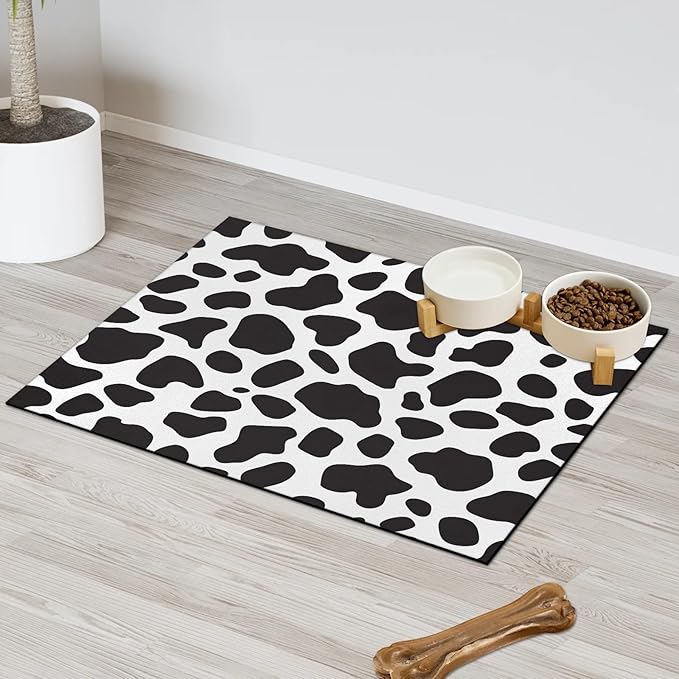 Cow Print Dog Food Mat for Floors Absorbent Dog Bowl Mat for Food and Water Dispenser Quick Dry Cat Food Placemat Pet Supplies 24" x 32", Black White Skin