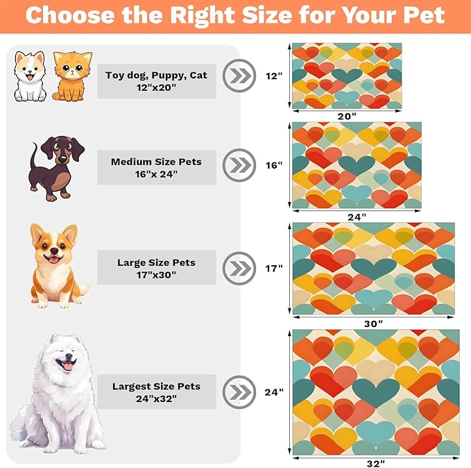 Love Dog Food Mat for Floors Absorbent, Quick Dry Water Dispenser Mat for Food, Water, Pet Supplies 12" x 20", Colorful Heart