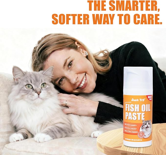 Just Try 3.38 Fl Oz Fish Oil Paste Salmon Oil & Cat Vitamins for Indoor Cats, Omega-3 Supports Skin & Coat Health, Chicken Flavor