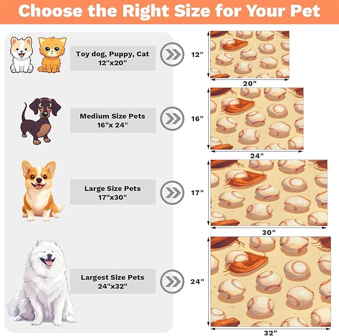 Baseball Dog Food Mat for Floors Absorbent, Quick Dry Water Dispenser Mat for Food, Water, Pet Supplies 17" x 30", Sports Theme