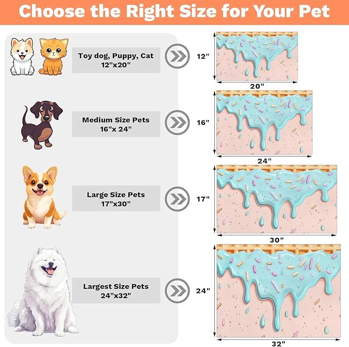 Teal Ice Cream Dog Food Mat for Floors Absorbent Dog Bowl Mat for Food and Water Dispenser Quick Dry Cat Food Placemat Pet Supplies 17" x 30", Waffle