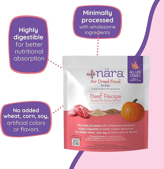 Café Nara Air Dried Dog Food, Beef Recipe, Complete Meal, Food Topper, or Treat, Made in USA for All Breeds and Ages, 3 lb Bag